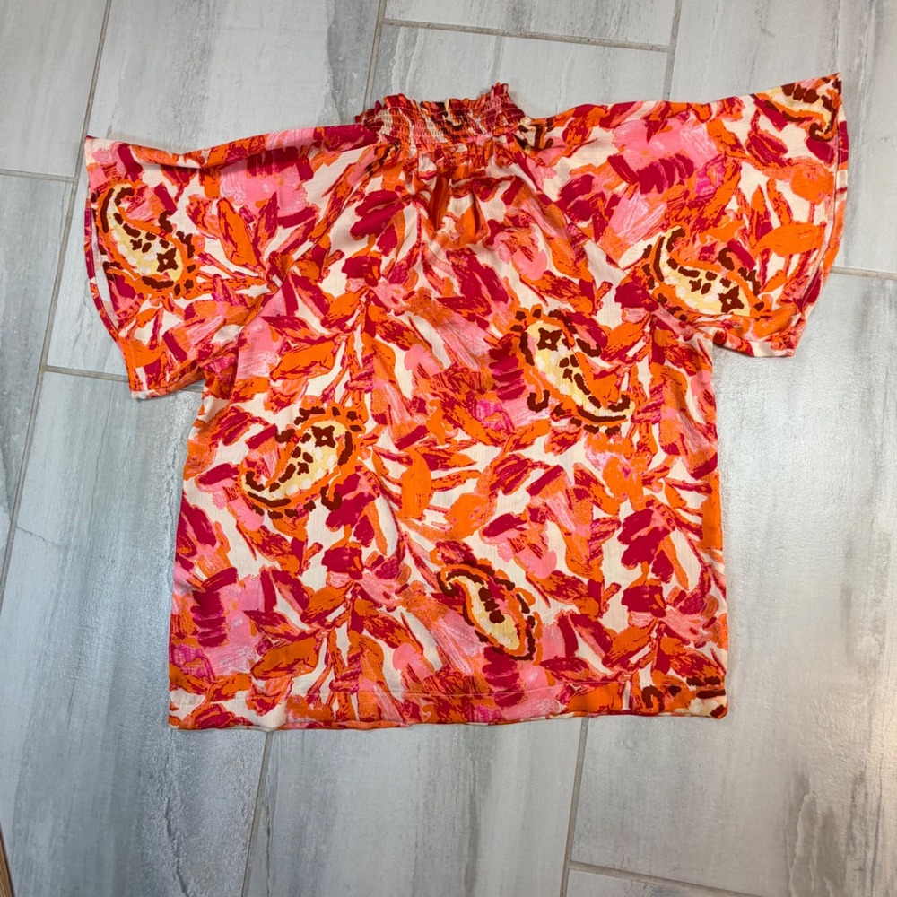THML Womens Orange Pink Floral Paisley Smocked Neck Blouse WCT2664-MG Small - Picture 6 of 6
